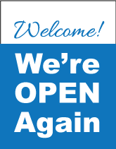 We're Open Again Blue Window Cling Sign